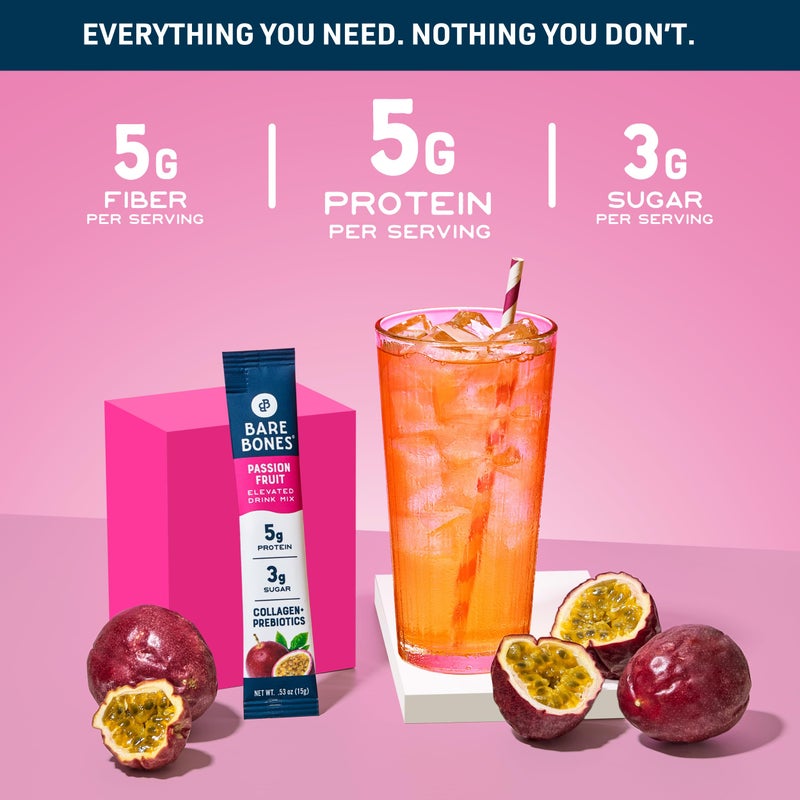 Bare Bones Passion Fruit Elevated Drink Mix | Light & Flavorful | Gluten-Free & Naturally Sweetened | On-the-Go Stick Single-Serve Packs Powdered Refreshment | 5g Protein | 16 Packets (.60 oz) - Image 2